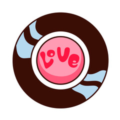 Groovy cartoon vinyl record with word Love on label. Funny retro round LP disc to play disco album on old gramophone, vinyl plate mascot, music cartoon sticker of 70s 80s style vector illustration