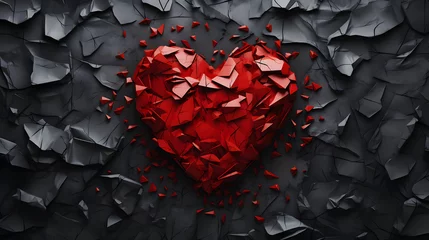 Fotobehang Crumpled and torn red paper heart on a dark background, top view. Concept of broken heart © Darya