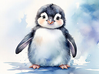 Cute and fluffy little penguin watercolor illustration. Created using generative AI tools