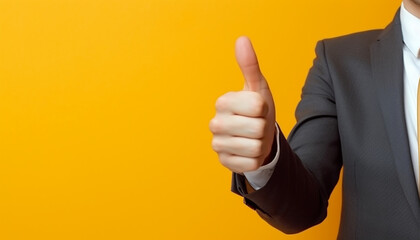 Businessman hand thumb up on yellow punched paper - obrazy, fototapety, plakaty
