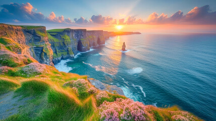 fantastic typical Irish landscape, with green hills and cliffs by the sea, St. Patrick's Day celebration, March  - obrazy, fototapety, plakaty