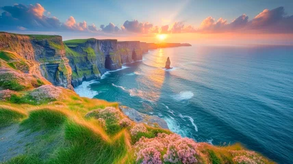 Fotobehang fantastic typical Irish landscape, with green hills and cliffs by the sea, St. Patrick's Day celebration, March, Landscape concept, generative ai © João Macedo