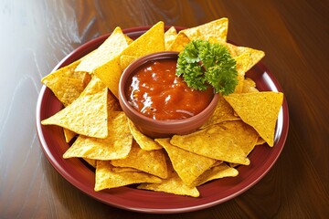 Close up of delicious crispy tortilla chips served with sauce on a stylish blue plate