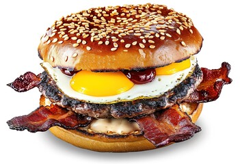 Gourmet bacon and egg burger with sesame bun, close-up of delicious fast food for restaurant menu or advertising