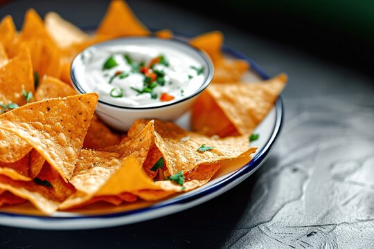 Close up of delicious crispy tortilla chips served with sauce on a stylish blue plate