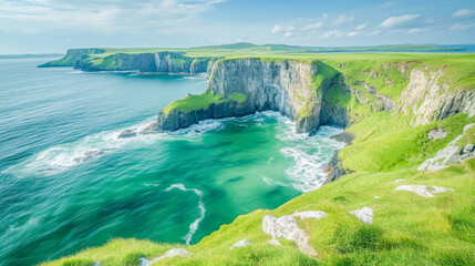 fantastic typical Irish landscape, with green hills and cliffs by the sea, St. Patrick's Day celebration, March, Landscape concept, generative ai