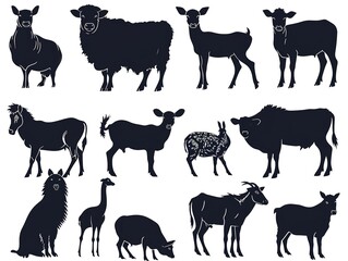 Farm animals and wildlife silhouettes - peaceful gathering of goats, birds and rabbits among nature