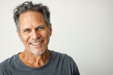 Obraz premium A bright and engaging studio portrait of a 55 age white American male model, showcasing a joyful smile with perfect teeth, casual yet stylish attire