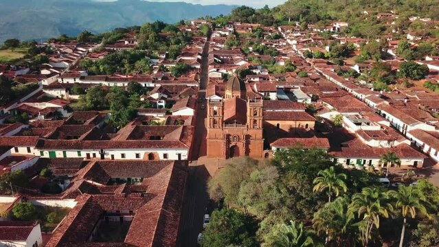 Aerial view of heritage town Barichara. Historic city in Santander department with cobbled streets and beautiful colonial architecture. The most beautiful town in Colombia.