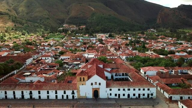 Villa de Leyva, colonial town known for Plaza Mayor, largest stone-paved square in South America, cobblestone streets, whitewashed buildings and historical UNESCO architecture. Boyaca, Colombia.
