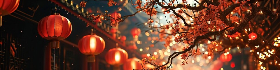 Banner with cherry blossom and street with traditional lanterns background. Soft light. Beige colors. Red sakura flowers