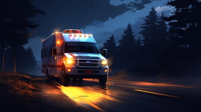 Ambulance driving on the road at night dramatic view. AI generated image