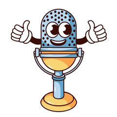 Groovy cartoon microphone character with thumbs up. Funny old mic on stand, retro music podcast and radio sound mascot, classic studio microphone cartoon sticker of 70s 80s style vector illustration
