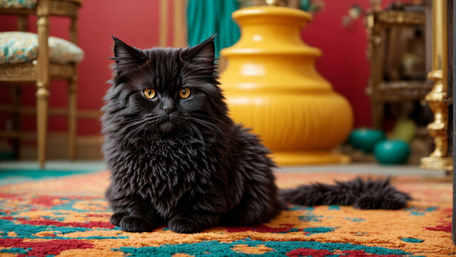 images that play with the contrast between a Black Persian Cat's fur and a brightly colored floor