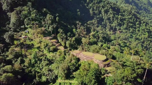 Hidden ancient ruins of Tayrona civilization Ciudad Perdida in the heart of the Colombian jungle. Aerial view from above. Lost city of Teyuna. Santa Marta, Sierra Nevada mountains, Colombia wilderness