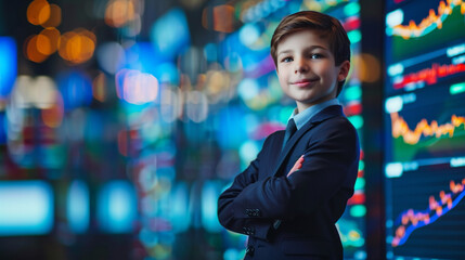 Fototapeta premium portrait of confident child businessman or investor on stock exchange background, invest at an early age for financial freedom and a happy retirement concept