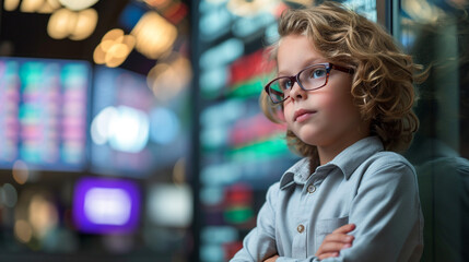 portrait of confident child businessman or investor on stock exchange background, invest at an early age for financial freedom and a happy retirement concept