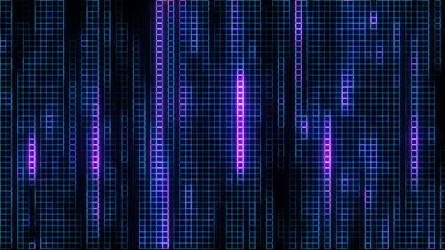 Abstract loop digital technology glow pink blue digital square table line circle distort mosaic tile pattern animaiton background.  Small blinking shining squared with flicker electrical line. 