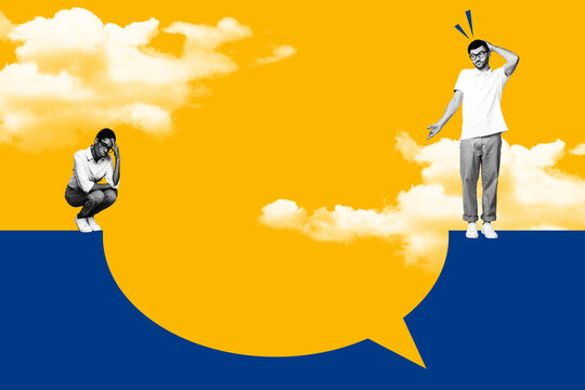 Creative collage picture banner two arguing person feel sad confused disagreement conflict huge message bubble notification icon