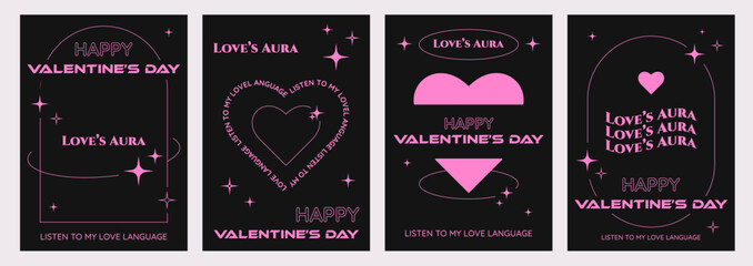 Happy Valentine's Day poster set in trendy y2k aesthetic, covers, vertical banners, flyers with thin pink frames, vector illustration.
