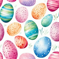 Fototapeta na wymiar Seamless Happy Easter pattern with painted eggs and grass on white backgroun. Minimalistic and simple design. Print for fabric, textile, paper. White background