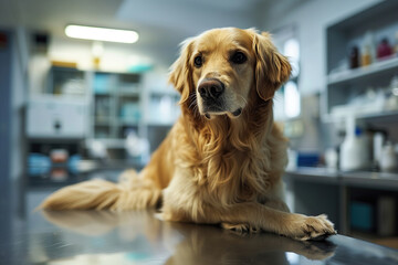 Treatment or examination of an animal, a beautiful dog lying on table in a modern veterinary clinic