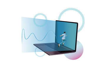 Creative photo collage of young man running into netbook display loading process data progress isolated on white color background