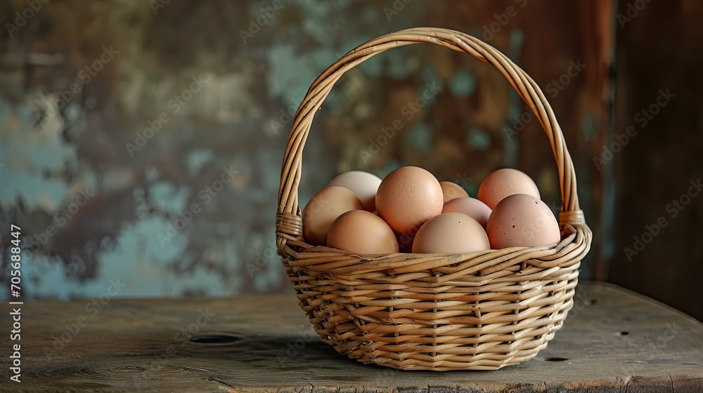 Wall mural chicken eggs basket on the hey