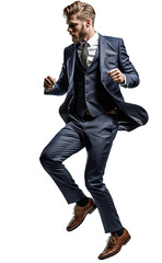 Isolated man dancing with a beard celebrating with arms up wearing blue suit, cutout on transparent background, ready for architectural visualisation