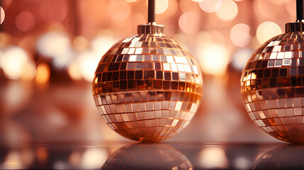 Fototapeta na wymiar Gleaming disco balls with warm bokeh, festive peach fuzz mood setter. Shiny mirror spheres reflecting light, party decor closeup. Illuminated dance balls, sparkling with golden glow