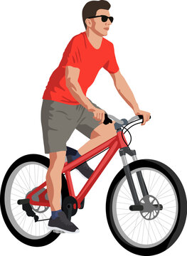 Illustration of a young man riding a bicycle on isolated white background