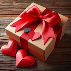 Romantic Elegance: Gift Box with Red Bow Ribbon and Two Paper Hearts on Wooden Background.
