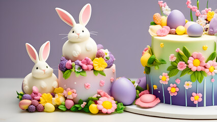 An Easter cake decorated with lavish fondant eggs, flowers, chicks, bunnies and butterflies