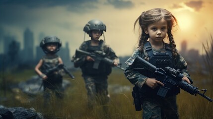 Military children on the battlefield Military operations war concept. AI generated image - obrazy, fototapety, plakaty