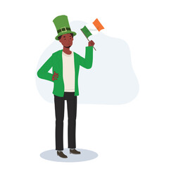 St Patricks Day Celebration. Jovial Man with Irish Flag in Green Outfit.