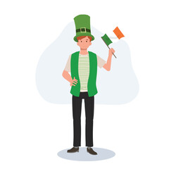 St Patricks Day Celebration. Jovial Man with Irish Flag in Green Outfit.