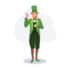 St Patrick's Day Celebration. man in Leprechaun Costume doing OK hand sign.