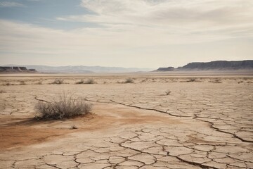 Dramatic view of the cracked earth against the sky. The reservoir has dried up due to prolonged drought and extreme heat in summer.