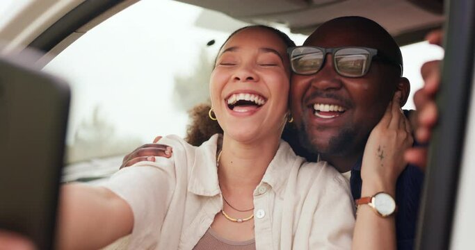 Happy couple, car and selfie for photography, memory or picture in countryside travel together. Man and woman hug with smile for vlog, social media or holiday vacation in vehicle for road trip