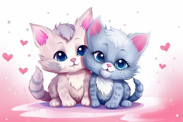 Affectionate Embrace of Two Cartoon Kittens Showing Love and Friendship