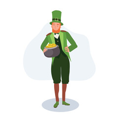  St Patrick's Day Celebration. Cheerful Man in Leprechaun Costume with Gold Pot