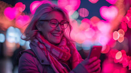 Falling in love again. Smiling senior woman looking at her phone with heart-shaped bokeh lights around her. Concept of Valentine's Day, and love is in the air.