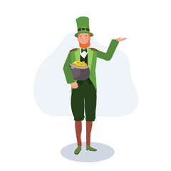  St Patrick's Day Celebration. Cheerful Man in Leprechaun Costume with Gold Pot doing welcome and gesture