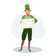 St Patrick's Day Celebration. Cheerful Man in Leprechaun Costume holding blank sign