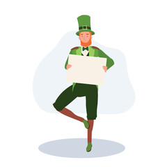 St Patrick's Day Celebration. Cheerful Man in Leprechaun Costume holding blank sign