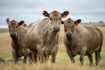 Naklejka na ściany i meble Stud Beef bulls, fat cows and calves grazing on grass in a field, in Australia. breeds of cattle include speckled park, murray grey, angus, brangus and wagyu on long pasture in a dry summer
