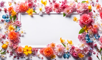 frischer Rahmen aus bunten Blumen Blüten des Frühling und Sommer voller Kraft und Farbe als Dekoration Hintergründe Vorlagen sommerlich leichte Gefühle florale Grußkarte Papier freier Raum im Zentrum