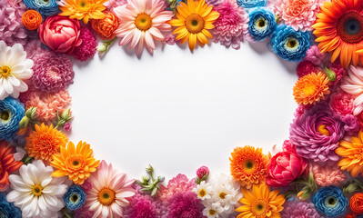 Obraz premium frischer Rahmen aus bunten Blumen Blüten des Frühling und Sommer voller Kraft und Farbe als Dekoration Hintergründe Vorlagen sommerlich leichte Gefühle florale Grußkarte Papier freier Raum im Zentrum