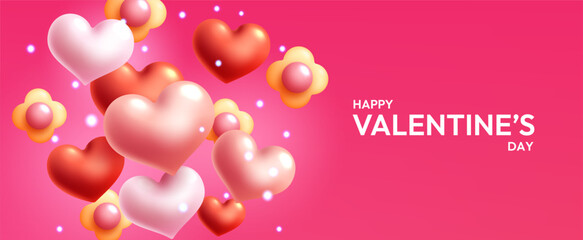 Valentines minimalist realistic 3d background. Flower with hearts in pinkish red backgorund for valentine's day. For celebration and background. Vector 3d realistic illustration.