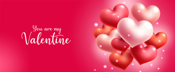 Fototapeta na wymiar Valentine's Day 3d realistic heart design. Red, pink, orange with red background for celebration. Romantic background. 3d Vector Illustration